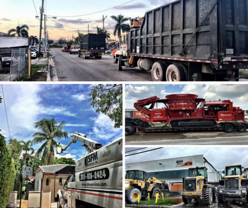 Image shows SFM's response to a hurricane includes images of their garbage truck, stump remover, bucket trucks and bull dozers.